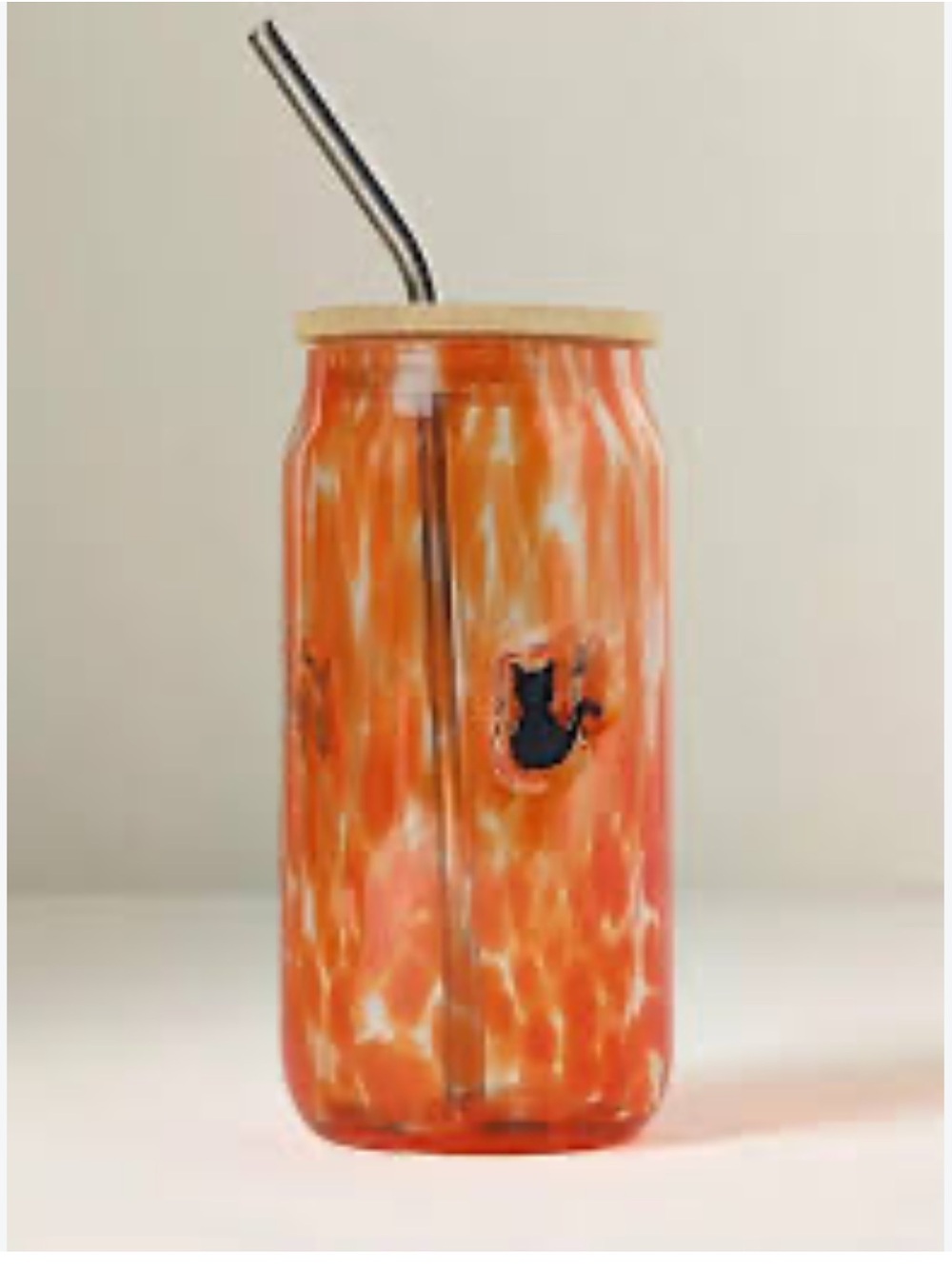 ANTHROPOLOGIE GLASS COLD DRINK WITH WOOD LID METAL STRAW ORANGE BLACK CAT 16oz